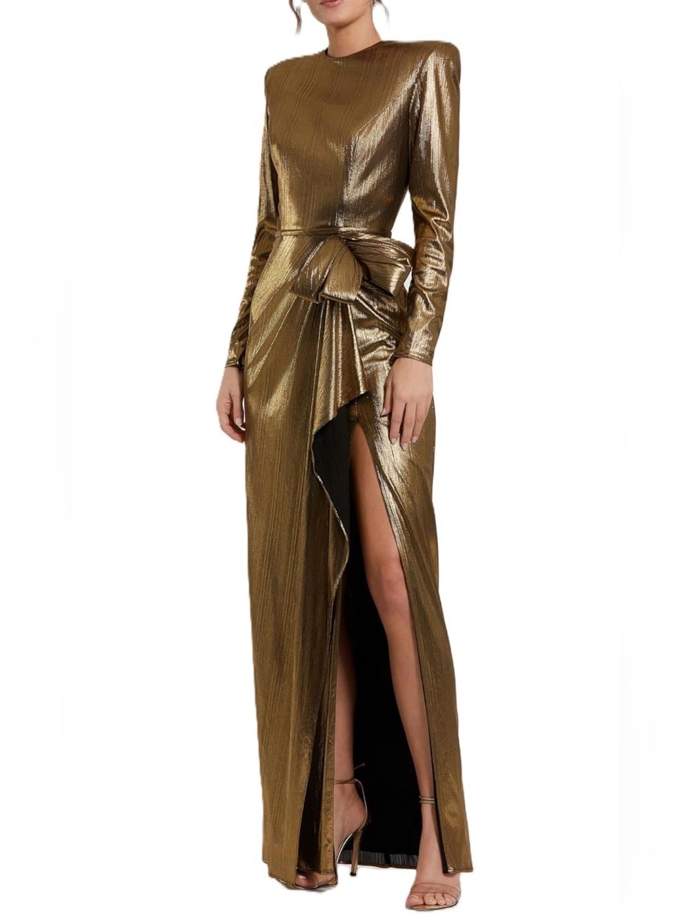 Mac Duggal NWT Metallic Gold Bow Long Sleeve Gown Size 10